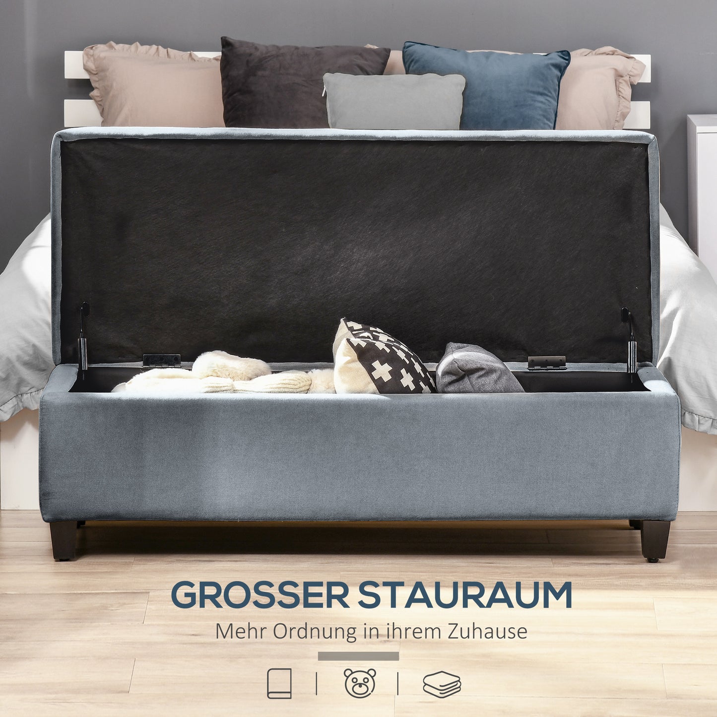 Opbergpoef – Opbergbank – Opbergbox – Poef Met Opbergruimte – Zithocker – Linnenlook – Ruime Opbergruimte – Houten Poten 125x49x41,5 cm Grijs