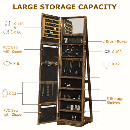 360° Draaibare Sieradencabinet – Sieradenkast – Make-up Organizer – Opbergkast – Sieradenrek – Volledige Spiegel – Duurzaam Houten Materiaal – Verticale Ruimtebesparende Stijl – Natuurlijke Houtkleur