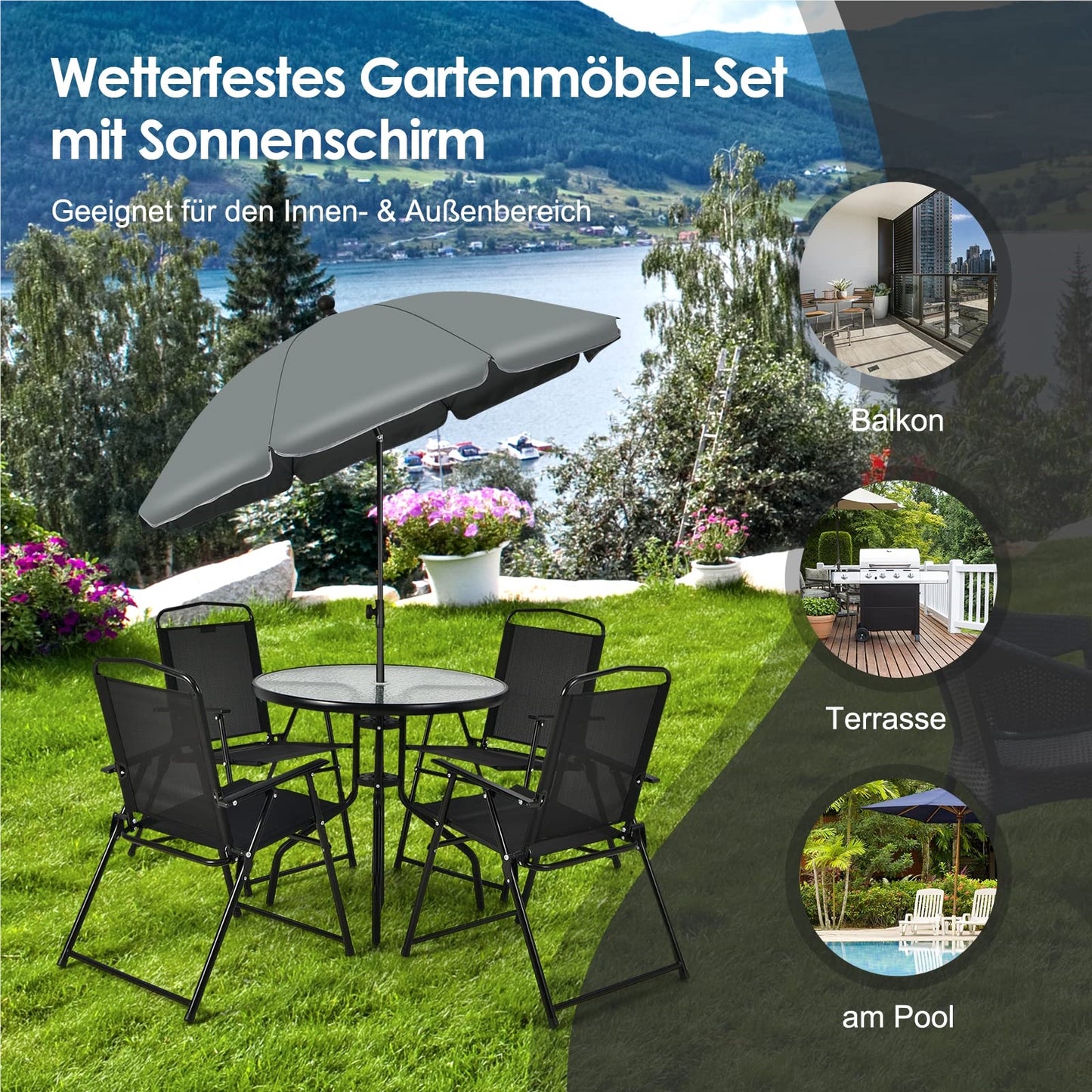 6-delige Tuinset – Tuinmeubelset – Balkonset – Buitenset – Lounge Set – Inklapbare Stoelen – Tafel Met Gehard Glas – Grote Kantelbare Parasol 180 cm – Zwart + Grijs