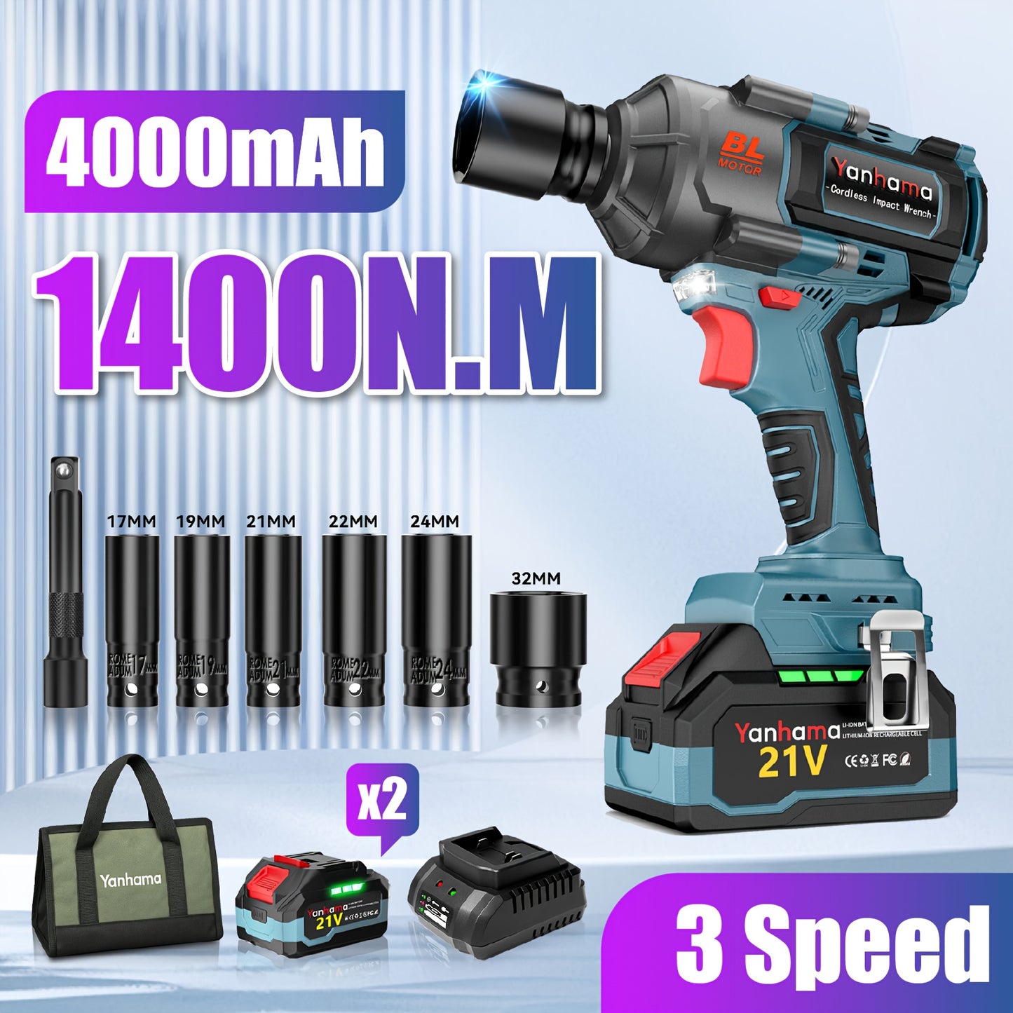 Elektrische Momentsleutel – Draadloze Momentsleutel – Accu Momentsleutel – Elektrische Steeksleutel – Momentsleutel Set – 4000mAh Lithium-ion Batterij – Metalen Behuizing – Blauw