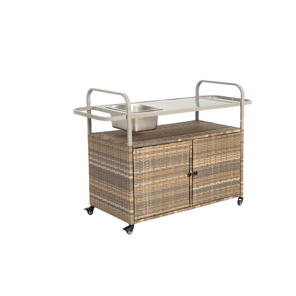 Wicker Bar Trolley – Barkaart – Serveerwagen – Buitenwagen – Tuinwagen – Beige Wicker – Met Metalen Tafelblad – Voorzien Van Vergrendelbare Wieltjes