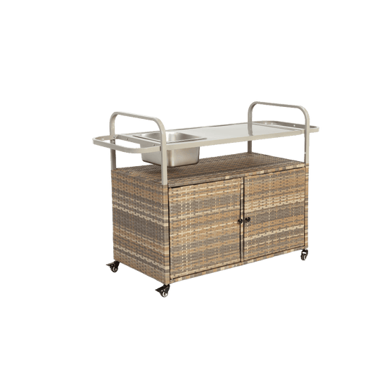 Wicker Bar Trolley – Barkaart – Serveerwagen – Buitenwagen – Tuinwagen – Beige Wicker – Met Metalen Tafelblad – Voorzien Van Vergrendelbare Wieltjes