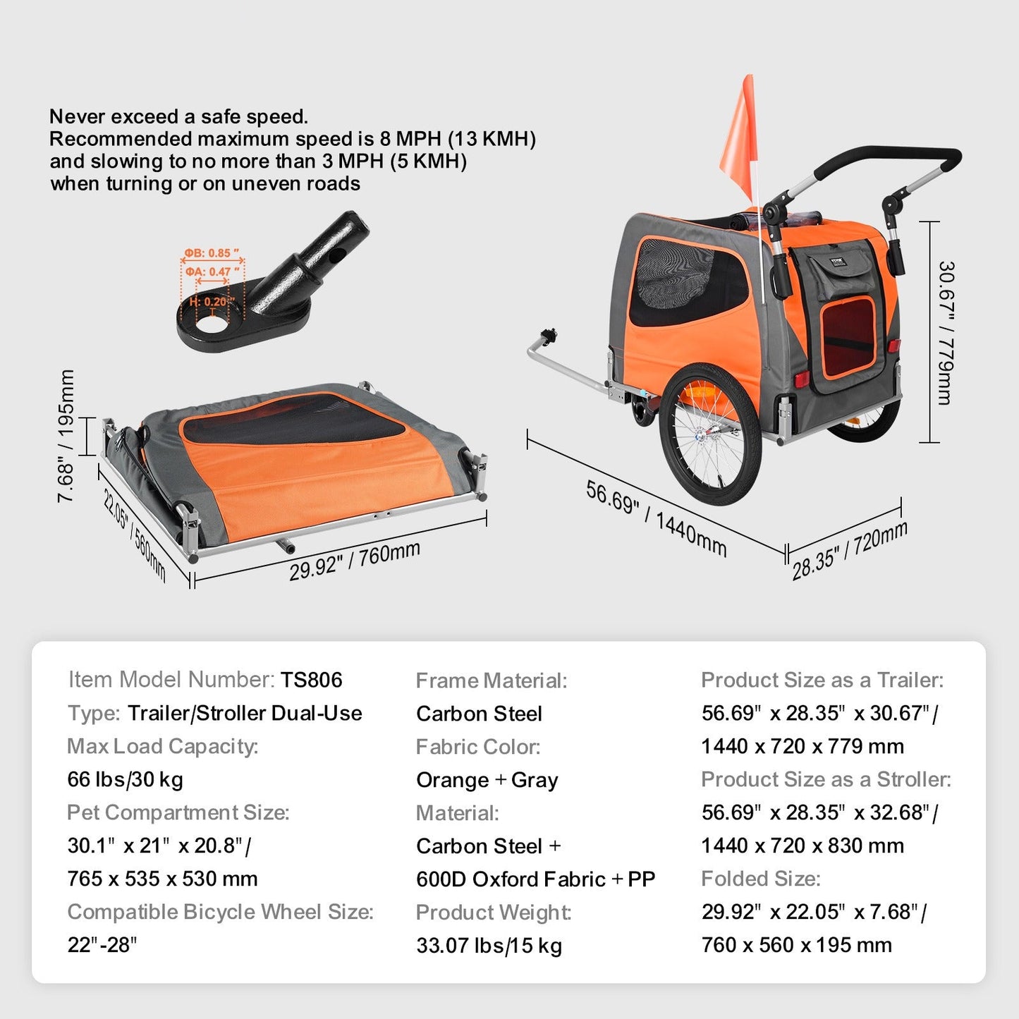 fietskar hond – hondenfietskar – hondenaanhanger – hondenbuggy – hondenkar – Opvouwbaar Frame – Draagvermogen 30 kg – Universele Koppeling – Reflectoren – Oranje/Grijs