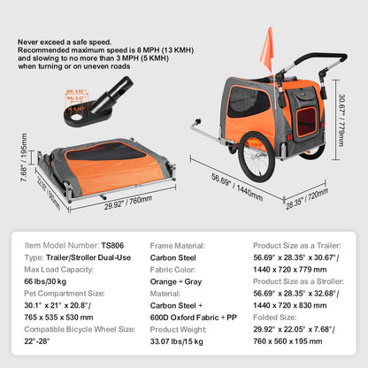fietskar hond – hondenfietskar – hondenaanhanger – hondenbuggy – hondenkar – Opvouwbaar Frame – Draagvermogen 30 kg – Universele Koppeling – Reflectoren – Oranje/Grijs
