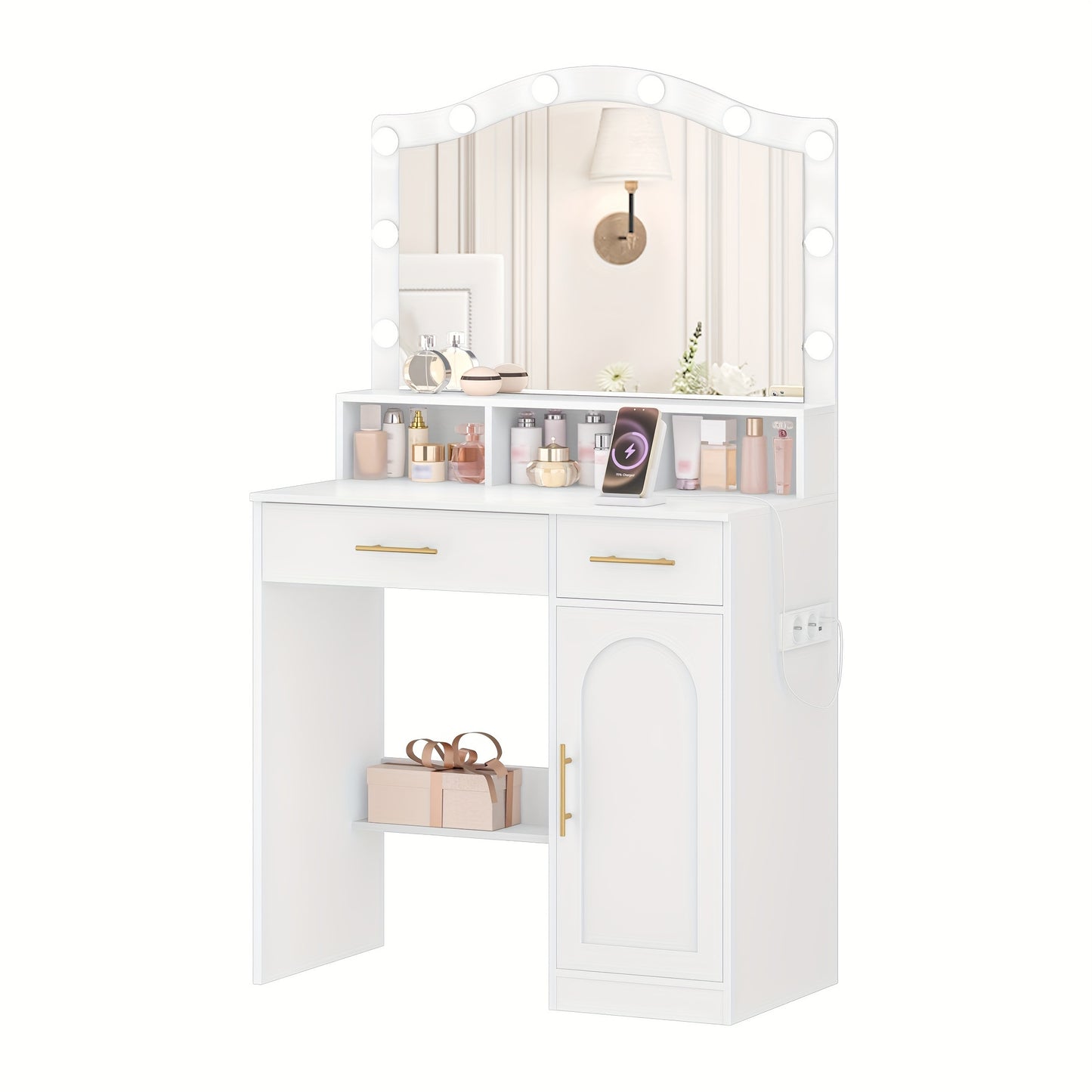 Kaptafel – Make-up Tafel – Beauty Tafel – Schminktisch – Toilettafel – Wit Met Gouden Accenten – Verstelbare 3-Kleurige LED-Verlichting – Oplaadstation Met 2 Lades En Kastje