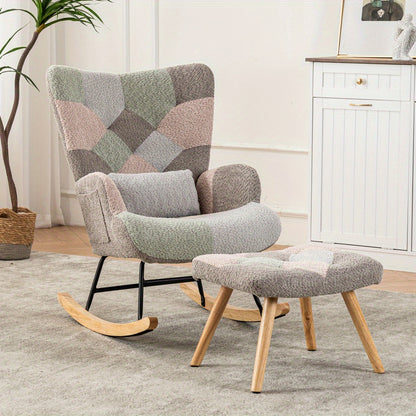 Schommelstoel – Lounge Chair – Fauteuil – Relaxstoel – Tuinstoel – Met rubberhouten frame – Memory foam zitkussen & lendensteun – Inclusief voetenbankje (49x38x37 cm) – Multicolor design