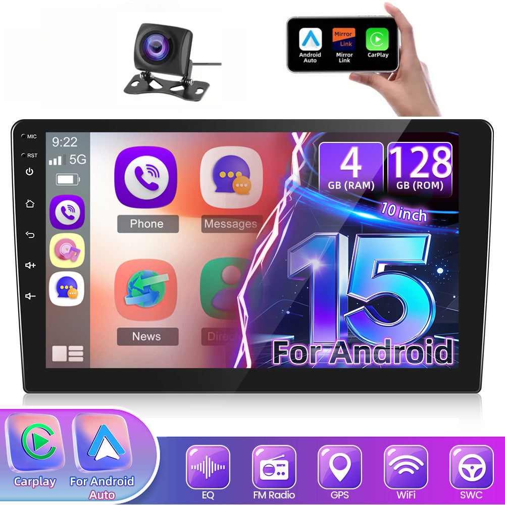 Car Stereo Featuring 4+128G Storage, Equipped with Wireless Apple Carplay And Android Auto, a 10-Inch 2 Din Android 15 Touchscreen, And Includes Wifi, SWC, FM, RDS, USB, And Camera Support.