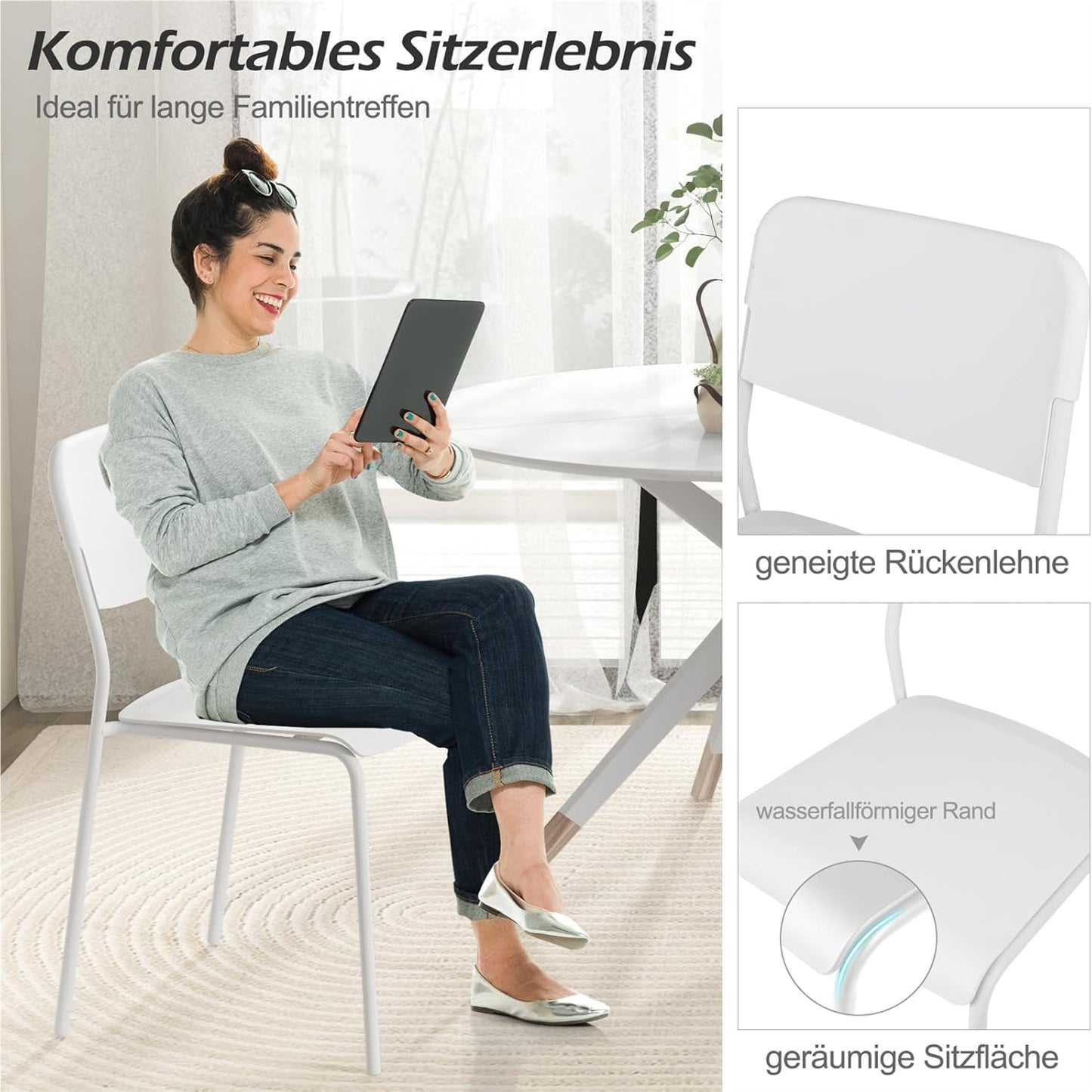 Stoel – Eetkamerstoel – Bureaustoel – Kuipstoel – Stapelstoel – Stapelbaar – PP Zitting – Metalen Onderstel – Wit – Set van 4