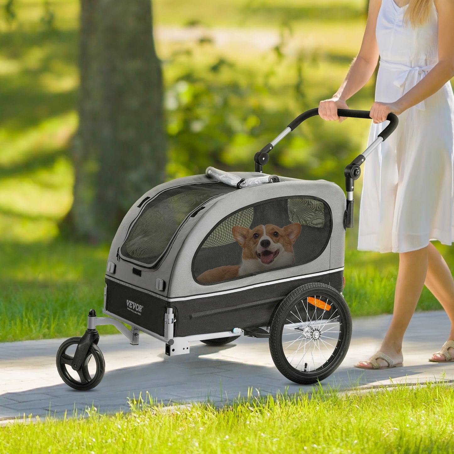 Hondenfietskar – Hondenkar – Hondenbuggy – Hondentrailer – Wandelwagen – 2-in-1 Fiets- en Wandelkar – Draagvermogen 40 kg – Verstelbare Duwstang