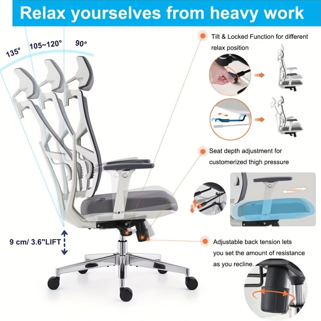 Ergonomische Bureaustoel – Kantoorstoel – Werkstoel – Studiebureaustoel – Gamerstoel – Ademend Mesh – Verstelbare Hoofd- en Lendensteun – 4D Armleuningen – Memory Foam Zitting – Zwart