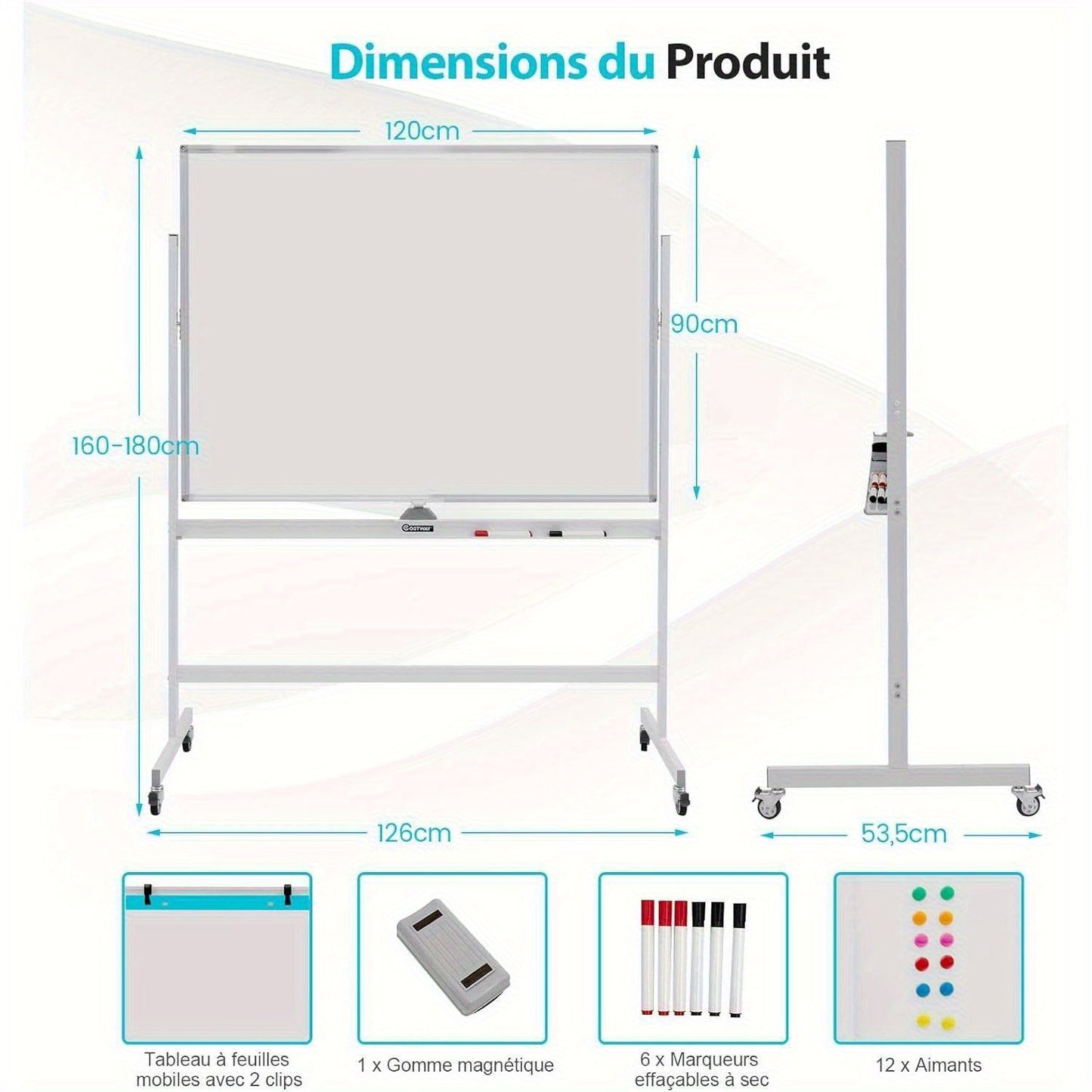 Whiteboard – Schrijfbord – Memobord – Magnetisch Bord – Presentatiebord – Dubbelzijdig – Magnetisch – Verstelbare Hoogte – Mobiel Met Wielen