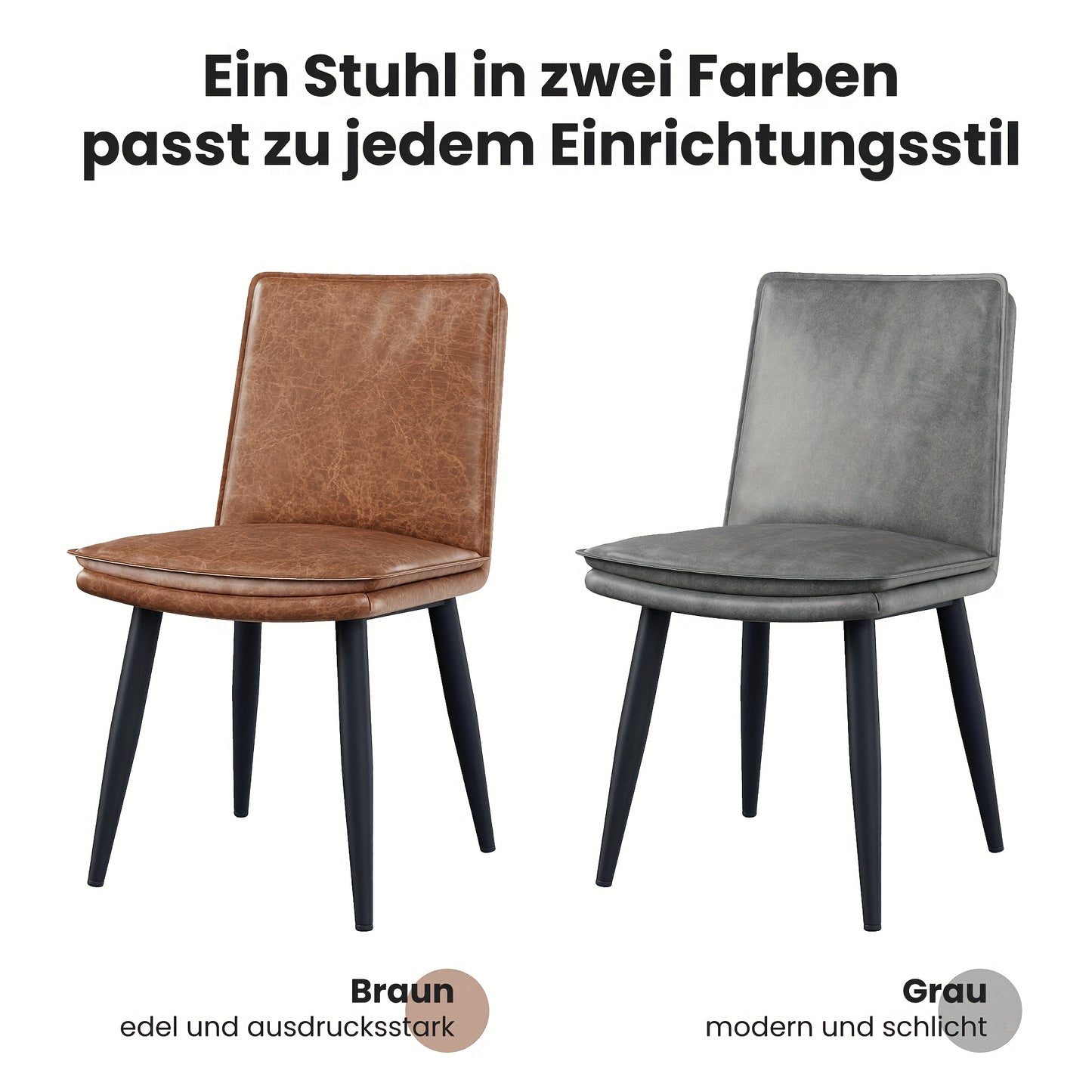 Eetkamerstoel – Stoel – Stoelset – Zitstoel – Cafestoel – Set Van 2 Grijze PU Stoelen – Dubbele Laag Kussen – Metaal Frame