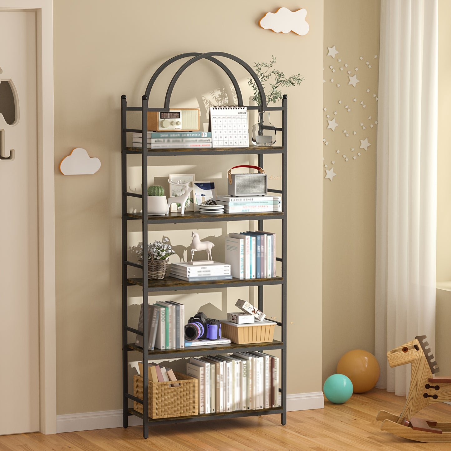 Industriële Boekenplank – Boekenrek – Wandkast – Plantentafel – Opbergkast – 5 Niveaus – Metaal En Hout – 195,5 cm Hoog