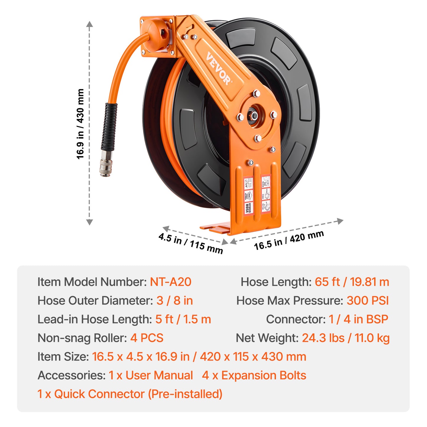 Luchtbandslanghaspel – Luchtslanghaspel – Slanghaspel – Wandslangenbox – Tuinslanghaspel – Automatisch Oprolsysteem – Duurzame 3/8 inch Hybride Slang 65 voet 300 PSI