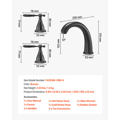 Roman Badkraan – Badmengkraan – Badkraanset – Badkraan 3 Gaten – Wastafelmengkraan – Roestvrij Staal Bronze – Hoog Gebogen Uitloop – Snelle Waterstroom 16,5 L/min