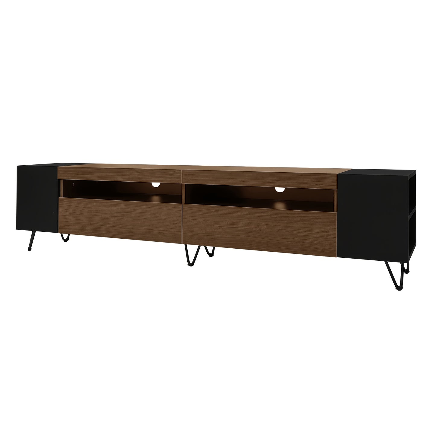 Modern TV Stand 180cm - Black & Wood Finish Engineered Wood & Composite Construction, Minimalist Design with Open Shelves & Closed Storage, Sturdy Metal Legs for Living Room, Bedroom, Home Theater, Tv Table for Living Room