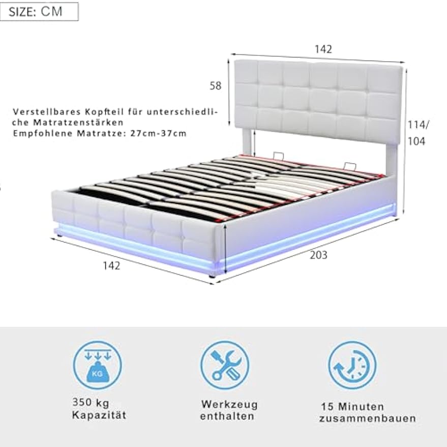 Boxspringbed – Boxspring – Bed – Tweepersoonsbed – Gestoffeerd Bed – LED-verlichting – Opbergruimte 32,5 cm – PU Leder