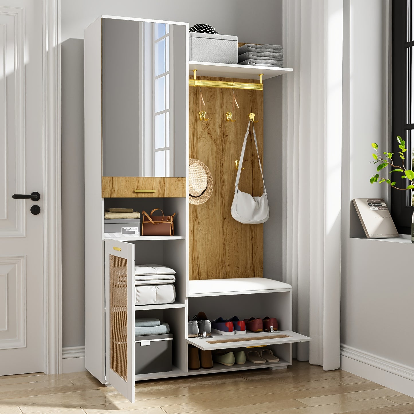 Kledingkast met Kaptafel – Garderobekast – Spiegelkast – Opbergkast – Schoenenkast – Wit – Bamboe Materiaal – 6 Gouden Kapstokken – Ruime Spiegel & Zithoek
