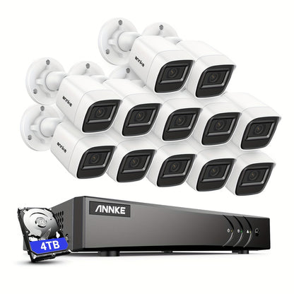 Beveiligingscamera Systeem – Camerabewaking – CCTV Camera – Bewakingscamera – Security Camera – 16 Kanaals – AI Bewegingsdetectie – 12x 1080P Bedrade Camera’s – 4TB Opslag – Nachtzicht 20 Meter