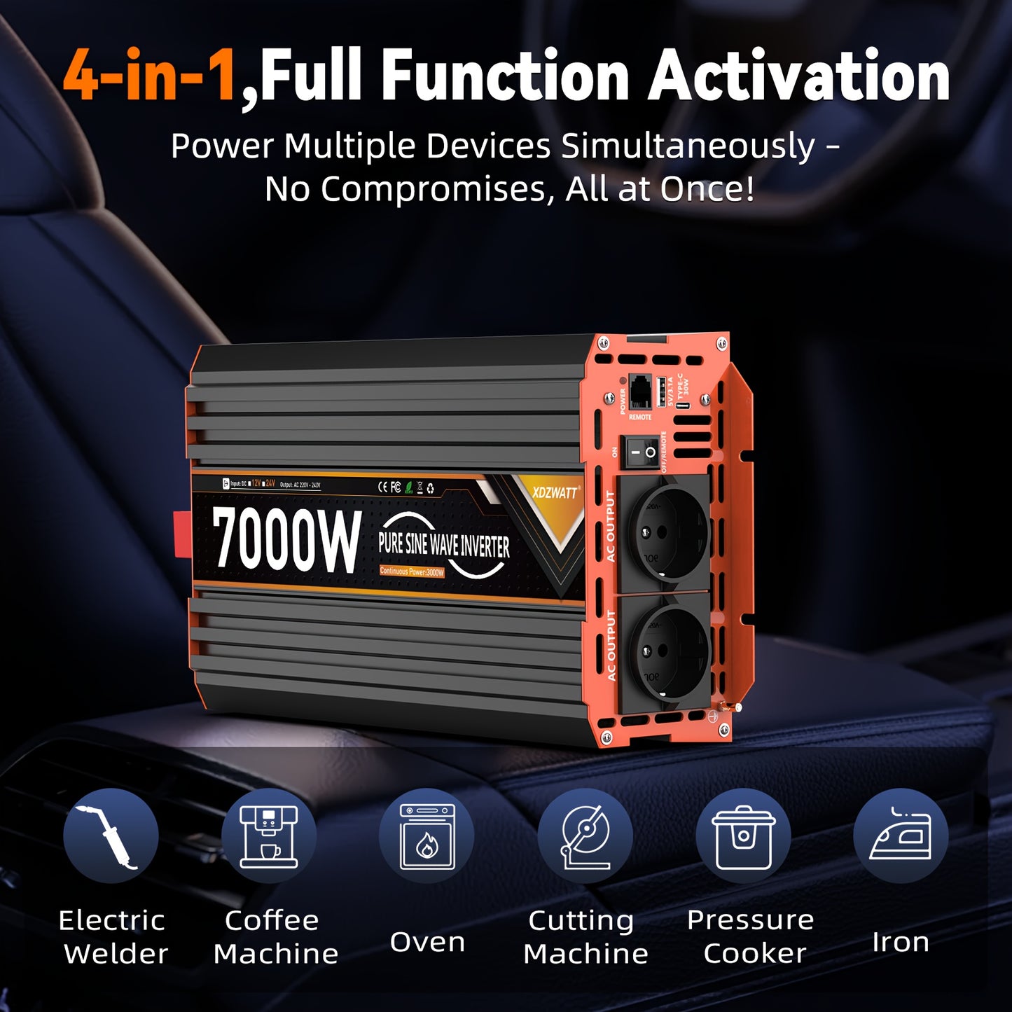 Portable Car Inverter Peak Power 7000W/6000W/4000W/3000W/2000W Power Pure Sine Wave Inverter DC 12V 24V To AC 220V With LCD Display & Remote, 2 EU Sockets | Control Car Power Voltage Converter Power Inverter Multifunction, Wi