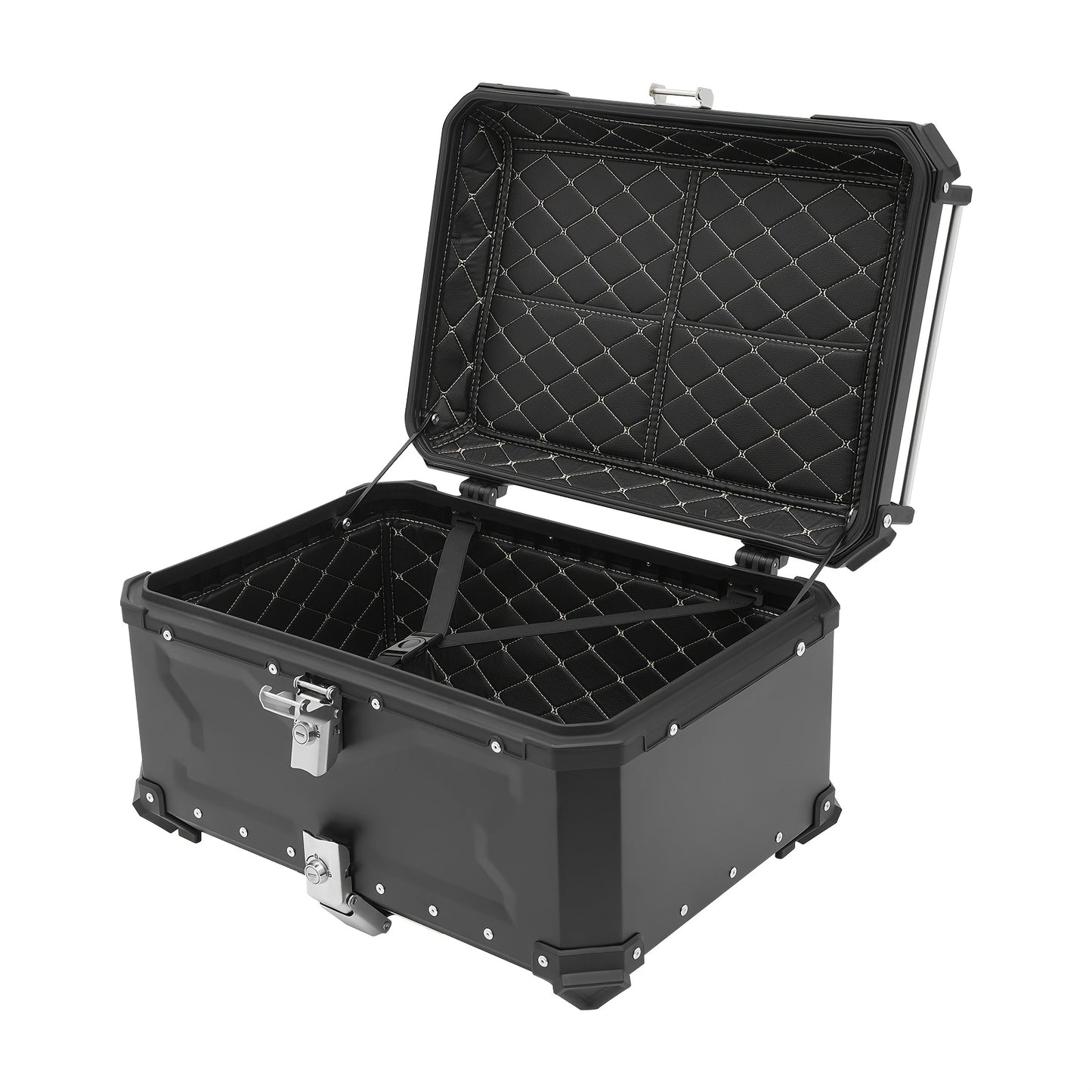 Motorbox – Motorkoffer – Topkoffer – Bagagekoffer – Motoruitrusting – 65 Liter Inhoud – Stevig Aluminium & Carbonstaal – Veilig Slot & Schokdempende Voering – Zwart