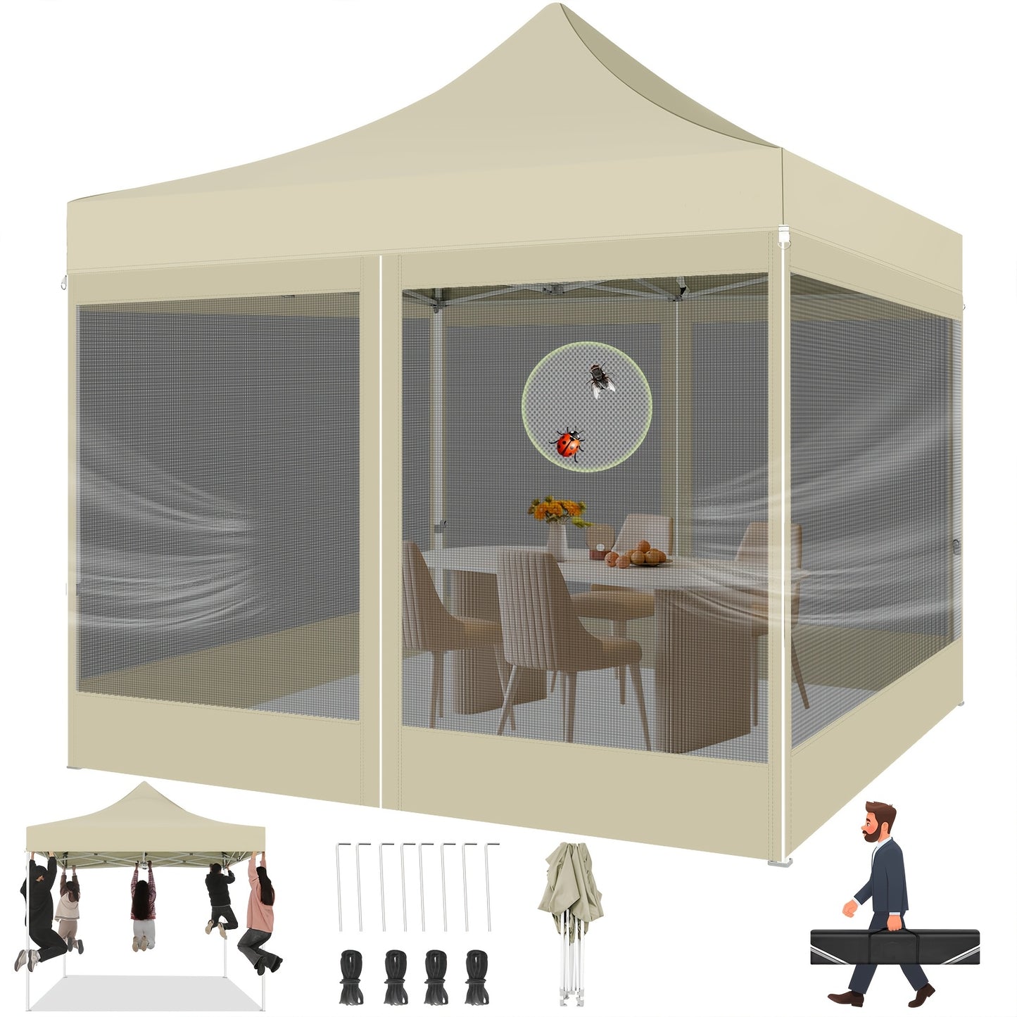 Vouwpaviljoen – Partytent – Tuinpaviljoen – Opvouwbare Tent – Vouwtent – Zwarte 3x3m – 4 Zijwanden – Met Muggennet – Weerbestendig Polyester Frame