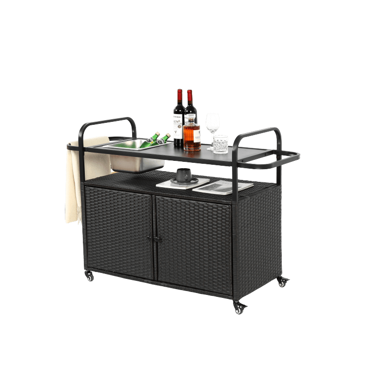 Barkar – Outdoor Bartafel – Serveerwagen – Trolley – Bar Cart – Waterbestendig Stalen Blad – Verstelbare Zwenkwielen met Remmen