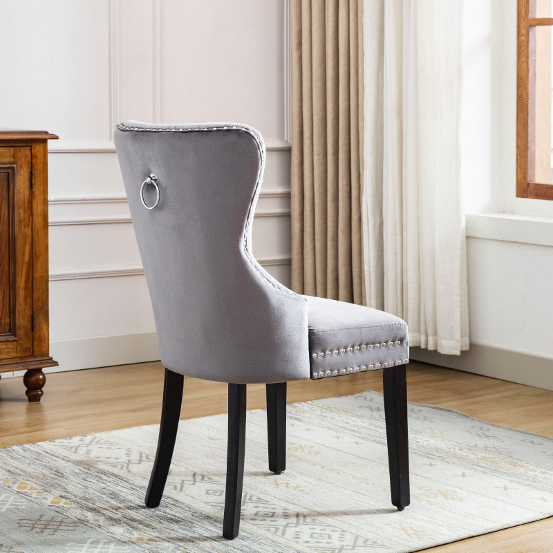 Velours Eetkamerstoelen – Stoelen Set – Lounge Stoelen – Keukenstoelen – Slaapkamerstoelen – Grijs Velours – Eikenhouten Poten – Vintage Knopbeslag