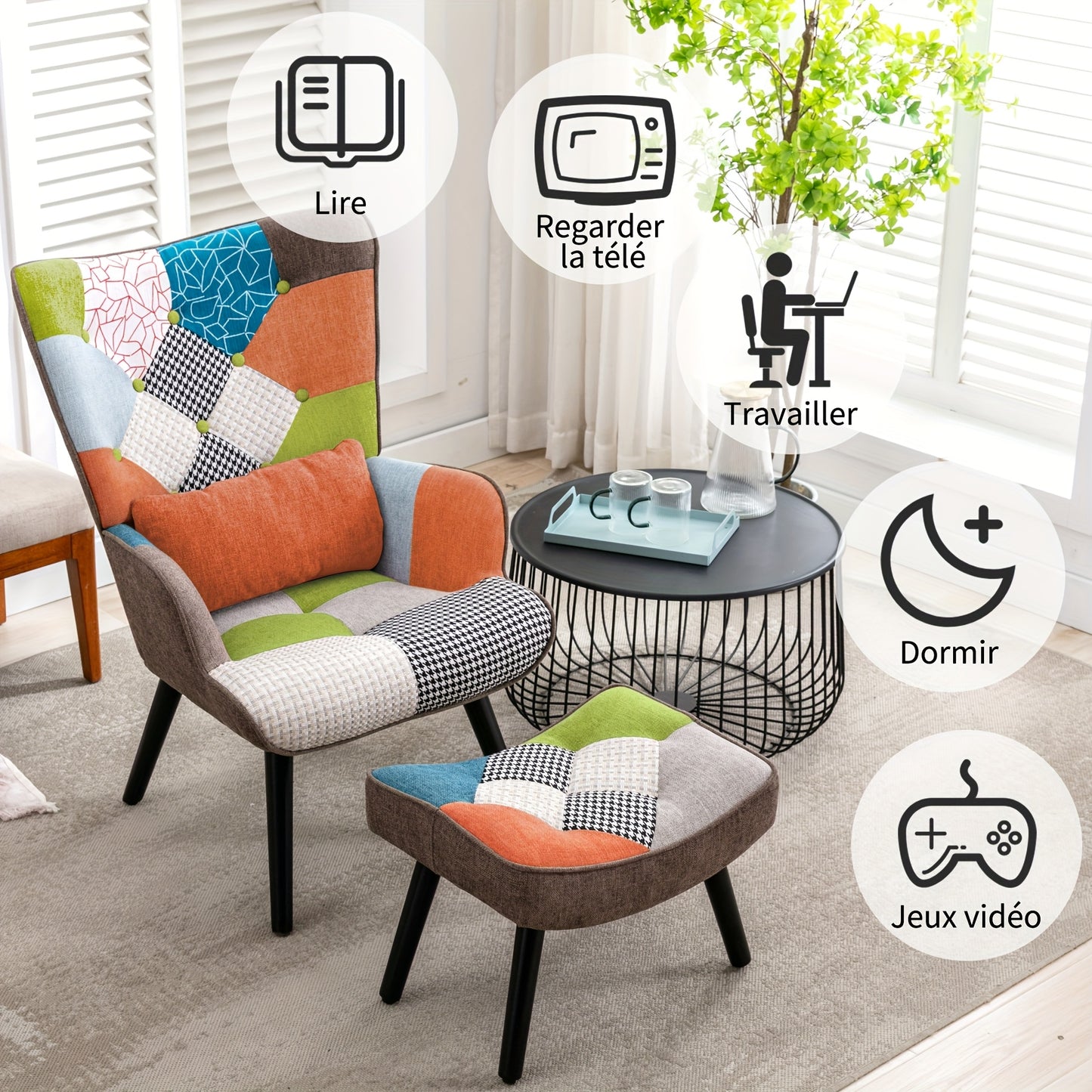 Lezenstoel – Fauteuil – Relaxstoel – Lounge Chair – Leesstoel – Hoog Rugleuning Design – Patchwork Stofmix Met Voetkruk
