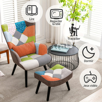 Lezenstoel – Fauteuil – Relaxstoel – Lounge Chair – Leesstoel – Hoog Rugleuning Design – Patchwork Stofmix Met Voetkruk