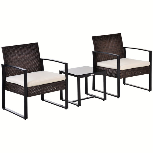 2-Persoons Tuinset – Tuinmeubel Set – Balkonset – Terrasmeubilair – Buitenmeubels – Bruin Rattan – Crème Kussens – Weerbestendig & Compact