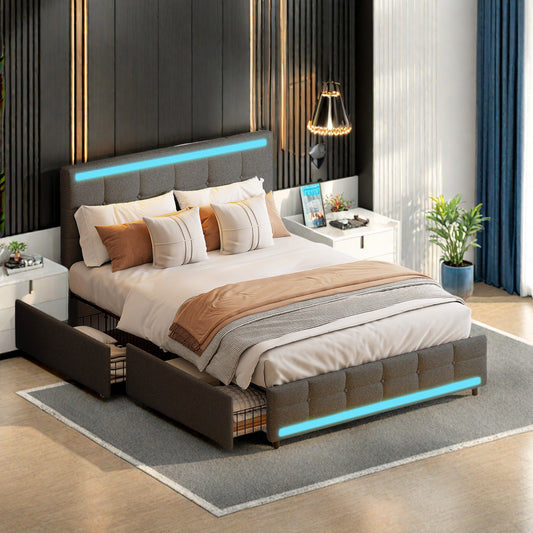 Tweepersoonsbed 140x200 – Gestoffeerd Bed – Led-Bed – Opbergbed – Bed Met Lattenbodem – Linnenstof – 2 Usb-Laadpoorten – 4 Ruime Lades