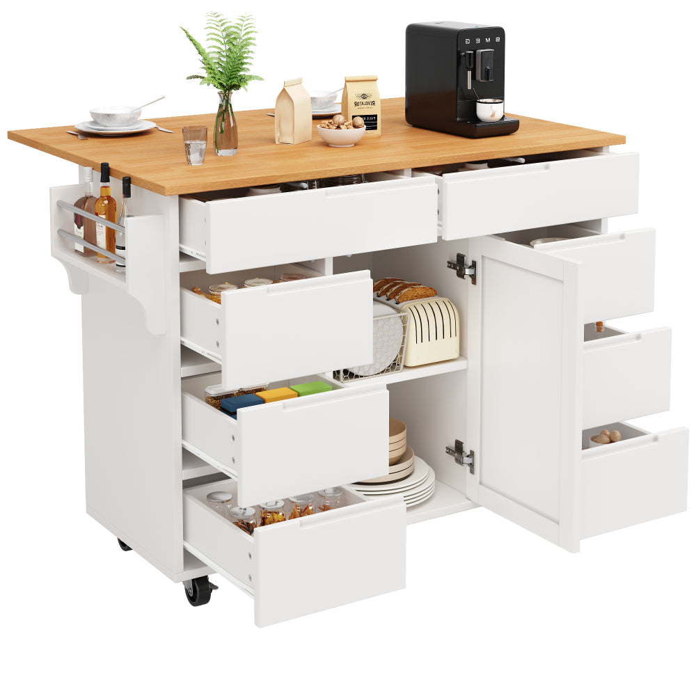 Modern White Mobile Kitchen Island with Worktop & 8-Drawer Storage Cart Castors - Heavy-Duty Serving Trolley with Spice Rack, Assembly, Space-Saving Cabinet for Small Kitchens, Dining & Living Room Furniture (Non-Wood)