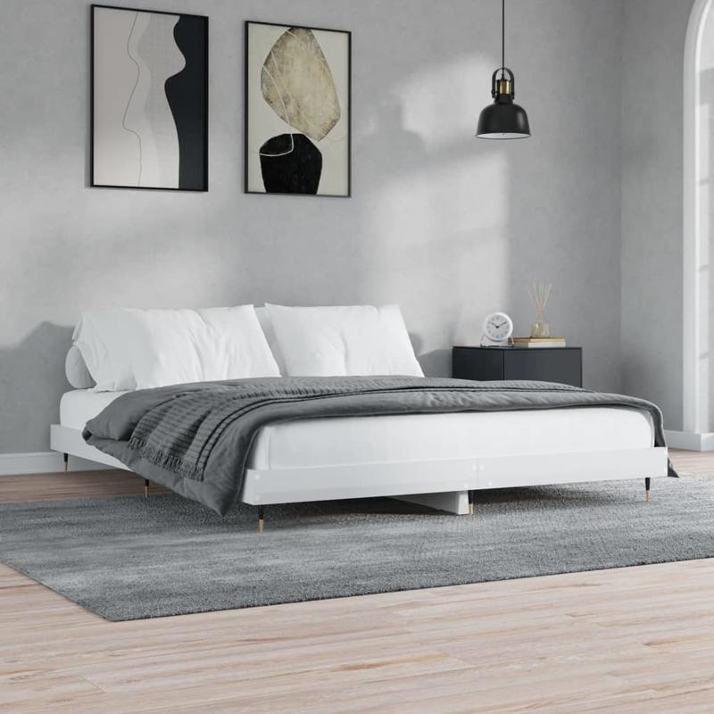 Bianco Lucido 200x200cm Contemporary Bed Frame - Hardwood & Particle Board Multilayer Design, Removable & Durable Frame with 4 Legs, Space-Saving Modern Bedroom Furniture, Bed Frame for Bedroom, Bedroom Furniture, Minimalist