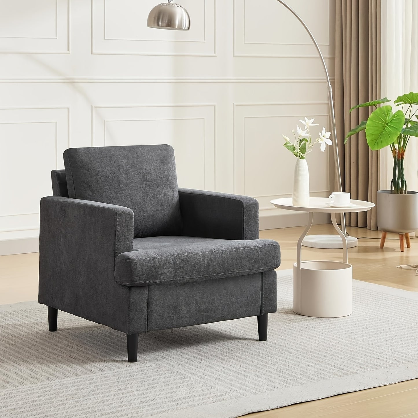 Linnen Fauteuil – Armstoel – Lounge Stoel – Accent Stoel – Zetel – Hoge Rugleuning – Armleuningen – Hoge Dichtheid Schuim – Massief Houten Poten – Max Draagkracht 350 kg – Comfortabele Zitting – Ademend Materiaal – Donkergrijs