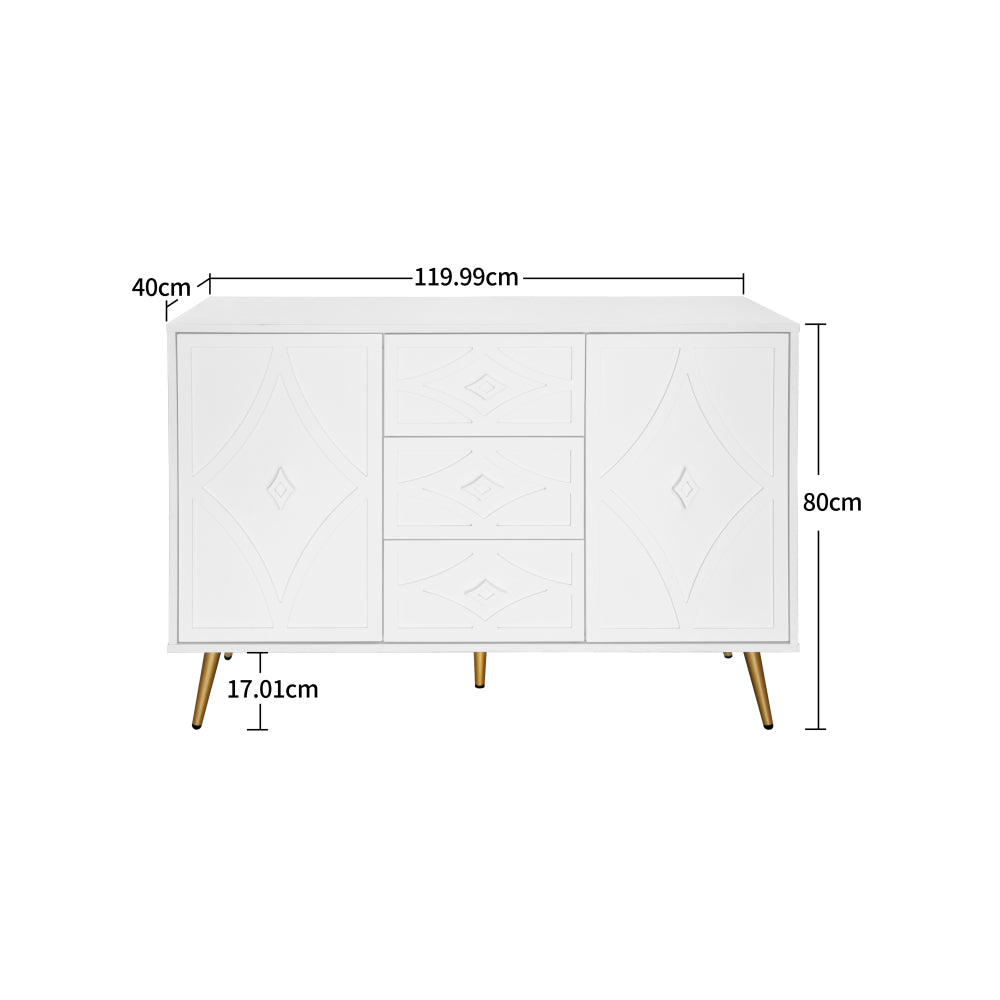 Dressoir – Ladekast – Opbergkast – Buffetkast – Wandkast – Wit Modern Design – Gouden Poten & Diamantpatroon – 120x40x80 cm – 3 Lades & 2 Deuren – Eenvoudige Montage