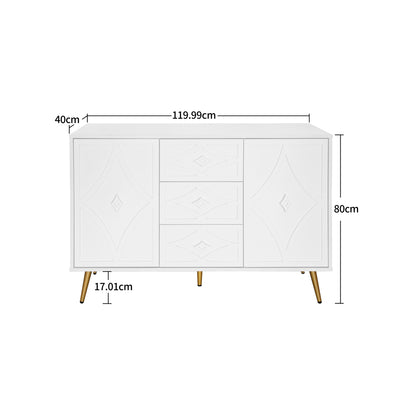 Dressoir – Ladekast – Opbergkast – Buffetkast – Wandkast – Wit Modern Design – Gouden Poten & Diamantpatroon – 120x40x80 cm – 3 Lades & 2 Deuren – Eenvoudige Montage
