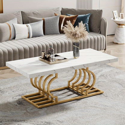 Salontafel – Koffietafel – Bijzettafel – Woonkamertafel – Lounge tafel – Wit & Gouden Design – Extra Lang 120 cm – MDF Tafelblad Met Faux Marmer Laminaat