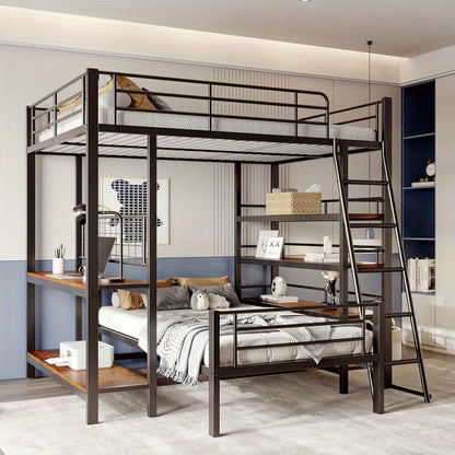 Hoogslaper – Stapelbed – Kinderbed – Eenpersoonsbed – Bed – Metalen Frame – 140x200 cm – Multifunctioneel – Met Opbergruimte – Zwart