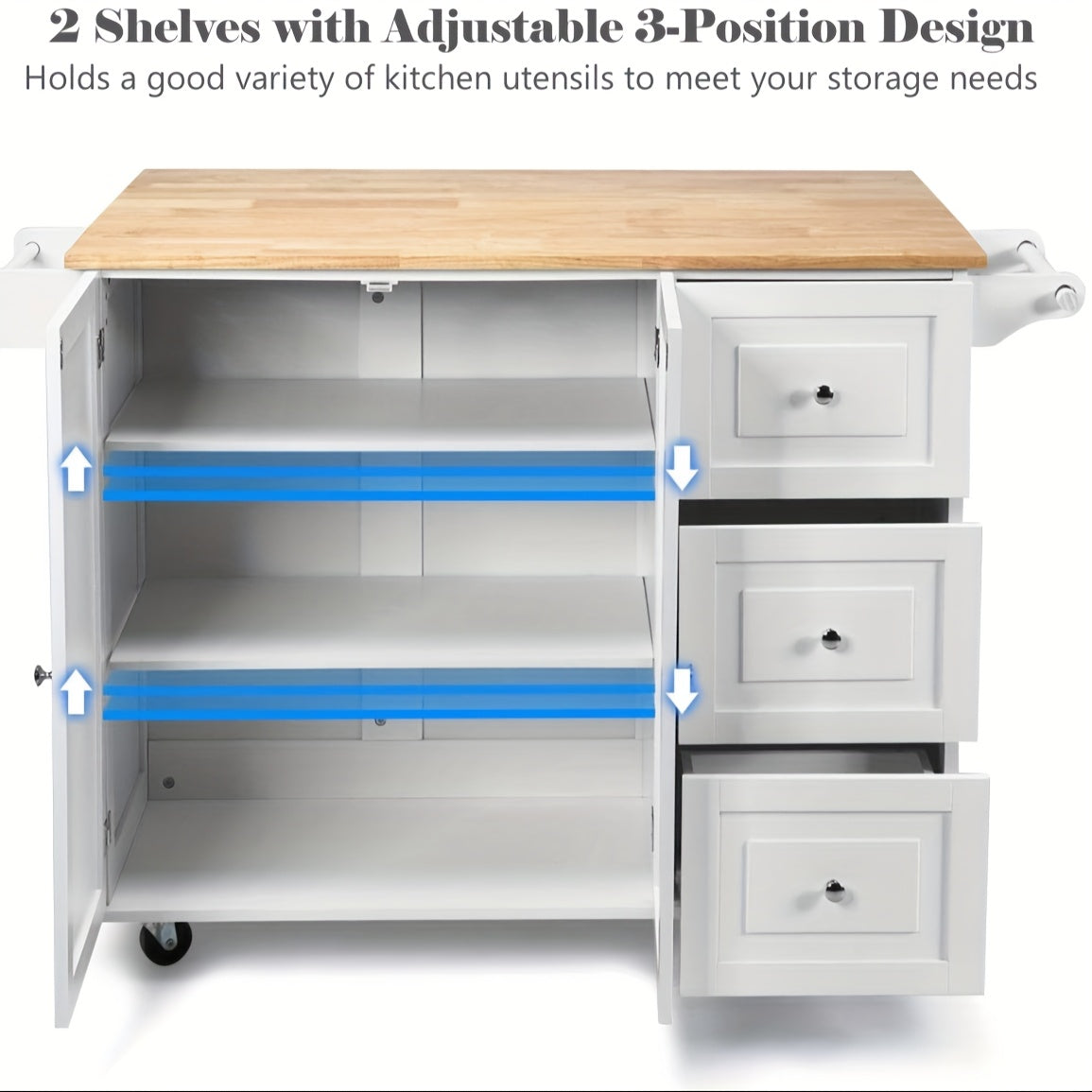 Rollende Keukenwagen – Keukentrolley – Keukenserverwagen – Keukeneiland – Opbergkast – Inclusief Handdoekhouder – Inklapbaar Werkblad – MDF en Rubberwood – Wit – 135x76x91 cm