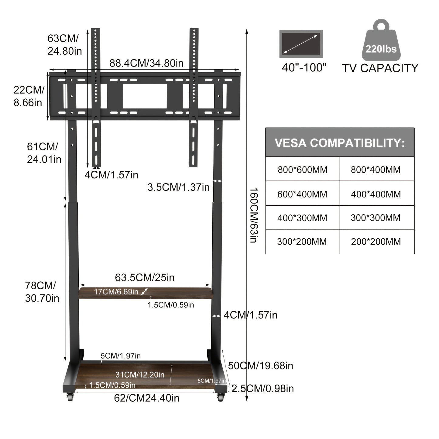 TV-standaard – Mobiele TV-wagen – Verrijdbare TV-houder – Verstelbare TV-voet – TV-meubel – Verstelbare Hoogte 80-108 cm – Stevig Metaal & Houtlook Frame – Voor 40-100 inch TV’s</s>