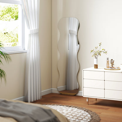 Ganzkörperspiegel – Full Length Spiegel – Staande Spiegel – Wandspiegel – Zwarte Spiegel – Houten Basis – Golvend Design – Zonder Frame – Flexibel Plaatsbaar