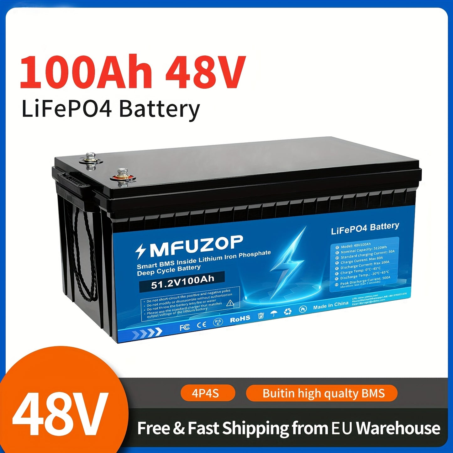 LiFePO4 Accu – Lithium Batterij – Zonne-energie Accu – Camper Accu – Deep Cycle Accu – 48V 100Ah Capaciteit – 15000+ Levensduur Cycli