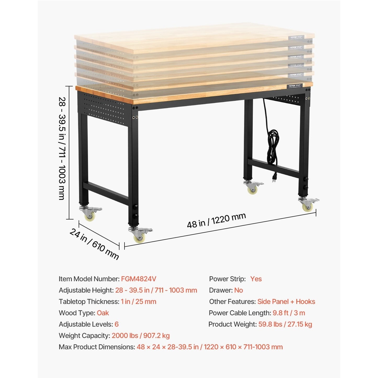 Mobiele Werkbank – Verstelbare Werktafel – Werkbank Op Wielen – Klusbank – Werkbank Met Stopcontact – Verstelbare Hoogte – Ingebouwde Stopcontacten & Pegboard