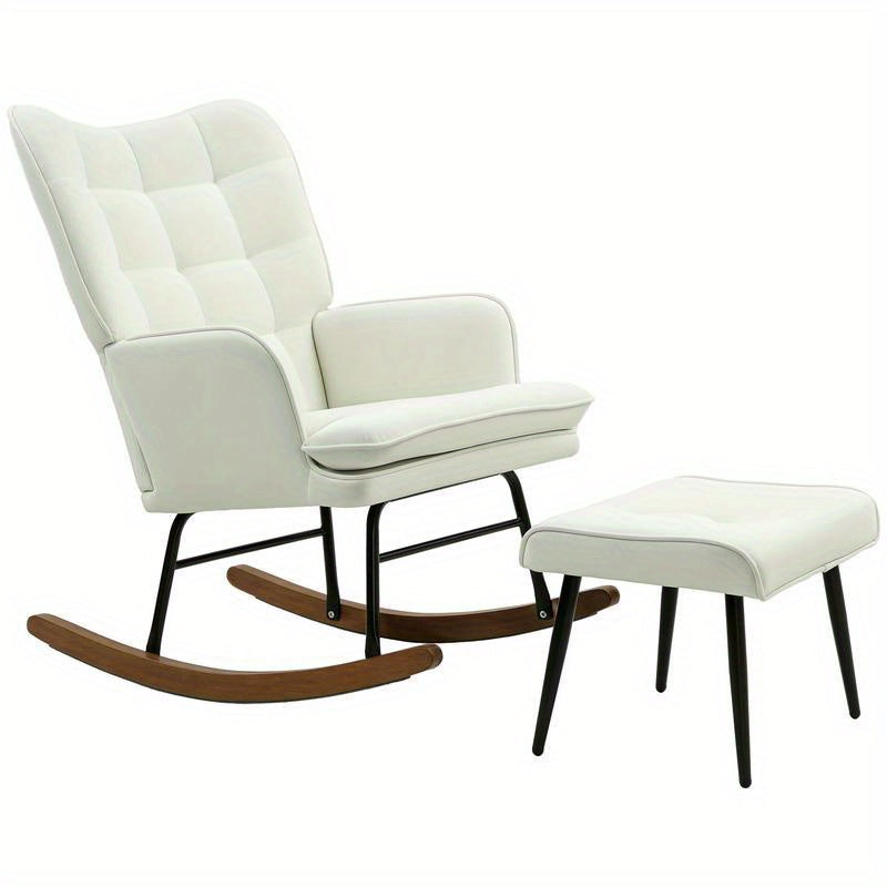 Draaifauteuil – Lounge Stoel – Relaxstoel – Schommelstoel – Fauteuil Met Voetenbank – Ergonomisch Design – Wit Zwart Hardhout & Metaal