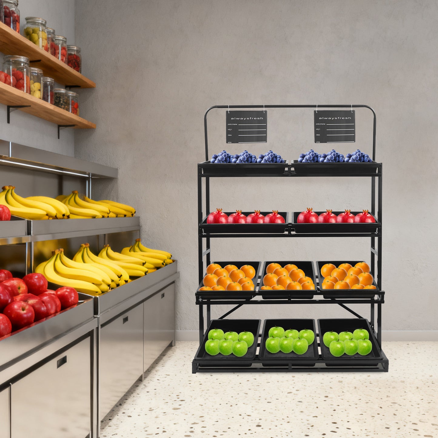 Winkelstandaard – Vloerdisplay – Productrek – Verkoopdisplay – Mandjesrek – 10 Mandjes – Draagkracht 100 kg – Zwart Gecoat IJzer