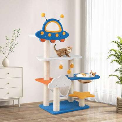 Krabpaal – Kattenboom – Krabmeubel – Kattenhuis – Krabton – 124 cm Hoog – Fiberboard & Sisal – Ruimtethema Met UFO-Platform, Hangmat en Capsule – Blauw