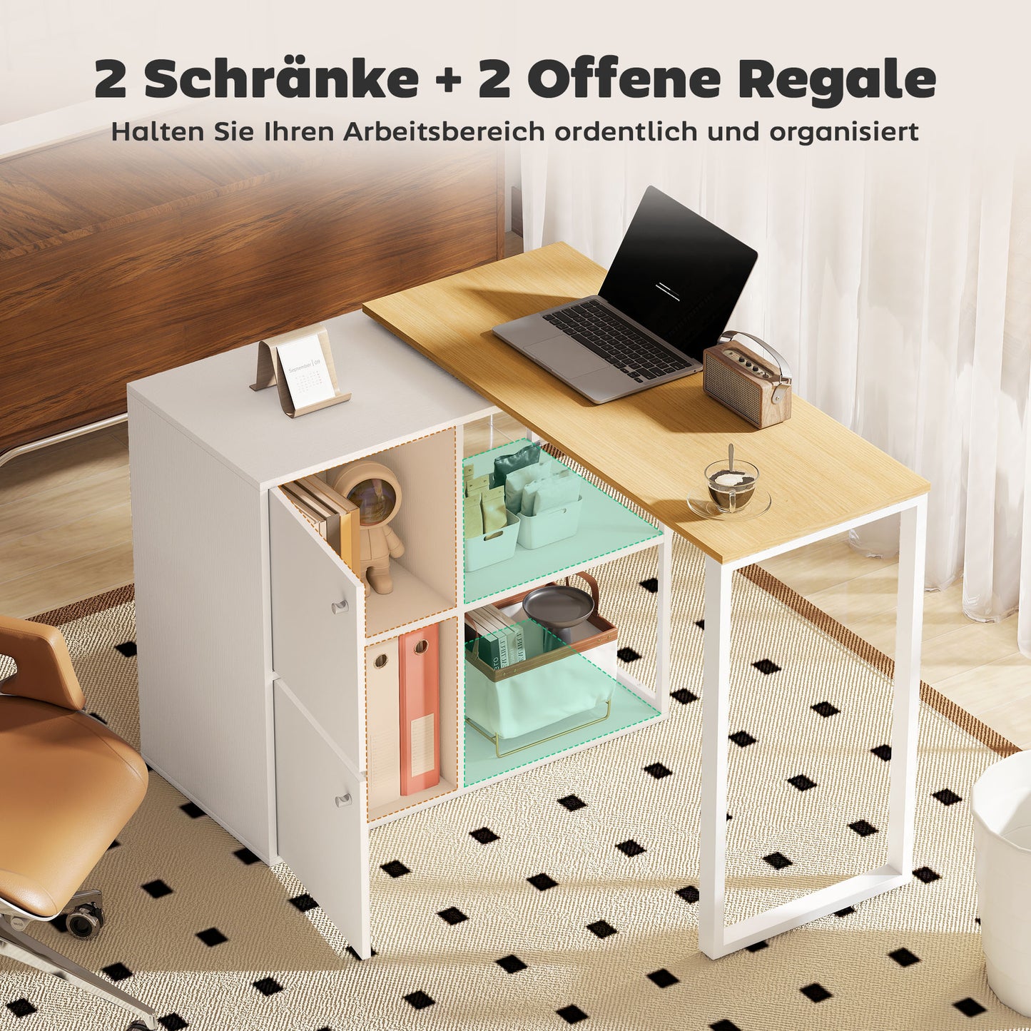 L-Vormig Bureau – Hoekbureau – Werkplek – Computertafel – Thuiswerkplek – Wit – 360° Draaibare Hoek – 2 Afsluitbare Kasten & 2 Open Planken – Compact 150x40x75 CM