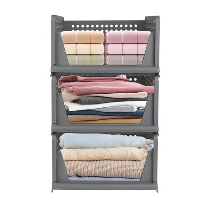 3pcs Stackable Closet Organizer Boxes - Heavy-Duty Foldable Plastic Storage Baskets with Sturdy Frame, Space-Saving Clothes Organizer for Wardrobe, Laundry Room, Under-Bed Storage, Bathroom, Kitchen - Modern Home Organization