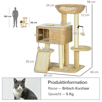 Krabpaal – Kattenkrabpaal – Kattenboom – Krabmeubel – Kattenhuis – Sisal Touw – Compact 60x40x98 cm – Inclusief Kattenhol en Ligbed